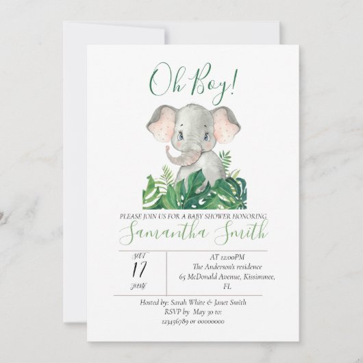 Jungle Watercolor Babydusche Elefant Einladung (Vorderseite)