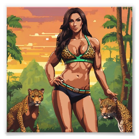 Jungle Weibliche Muskel Babe mit Leoparden Fotodruck (Vorne)