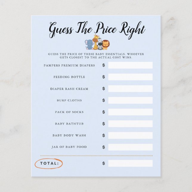 Jungle Wild One Baby Shower Game schätzt den Preis (Vorderseite)