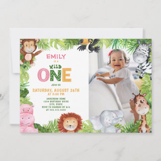 Jungle Wild One Girl 1. Geburtstag Foto Einladung