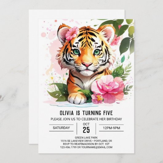Jungle Wild Tiger Custom Geburtstag Einladung (Vorne/Hinten)