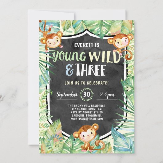 Jungle Young Wild und Three Birthday Party Einladung (Vorderseite)