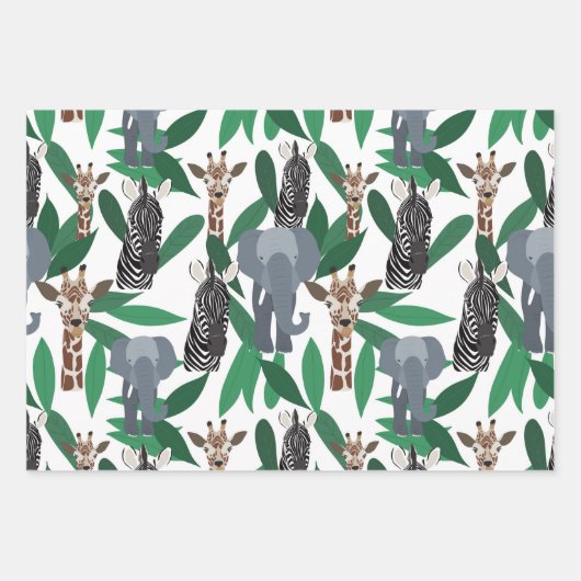 Jungle Zebra Elephant Giraffe Safari Tiere Geschenkpapier Set (Vorderseite 3)
