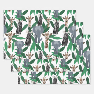 Jungle Zebra Elephant Giraffe Safari Tiere Geschenkpapier Set