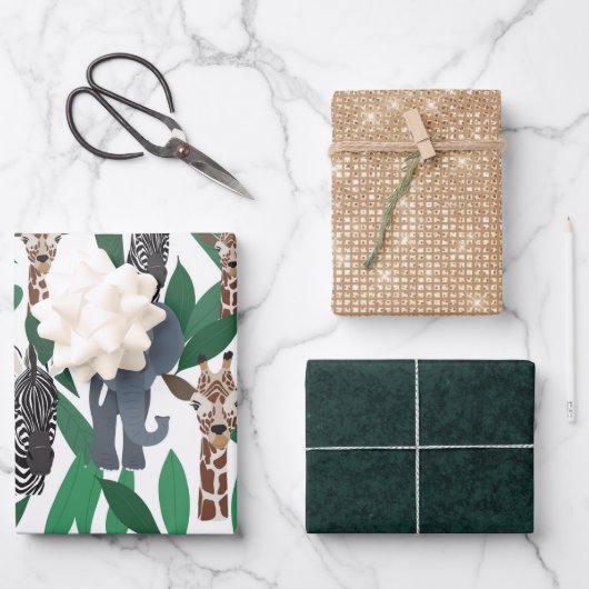 Jungle Zebra Elephant Giraffe Safari Tiere Geschenkpapier Set (Vorderseite)