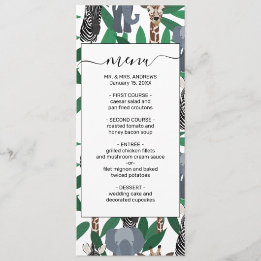 Jungle Zebra Elephant Giraffe Safari Tiere Menükarte (Vorderseite)