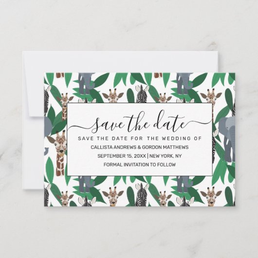 Jungle Zebra Elephant Giraffe Safari Tiere Save The Date (Vorderseite)