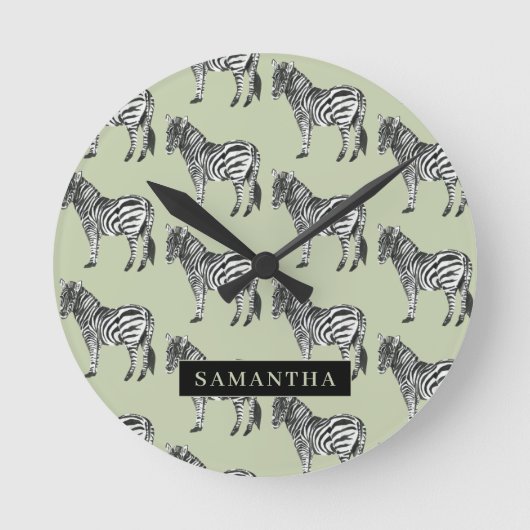 Jungle Zebra Wild Pattern & Personalisierter Name Runde Wanduhr (Vorderseite)