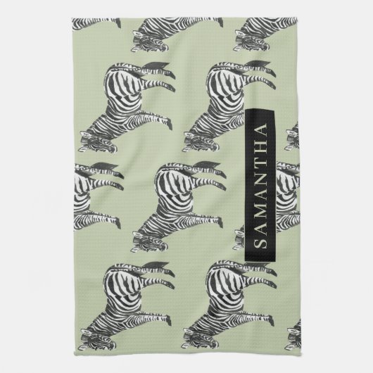 Jungle Zebra Wild Pattern & Personalized Name Geschirrtuch (Vertikal)