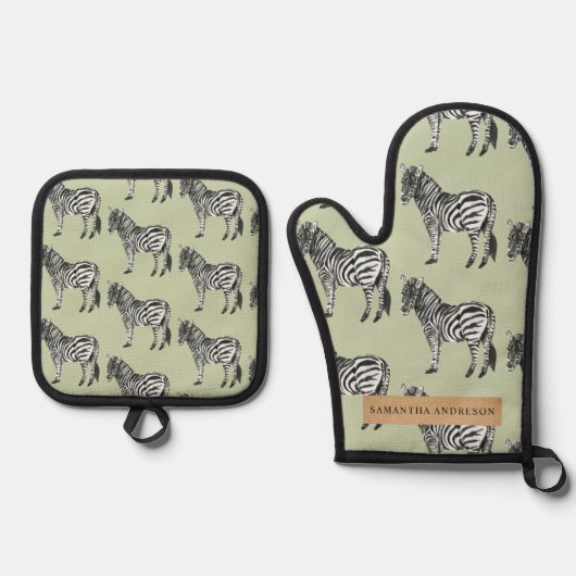 Jungle Zebra Wild Pattern & Personalized Name Ofenhandschuh & Topflappen-Set (Vorderseite)