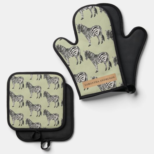 Jungle Zebra Wild Pattern & Personalized Name Ofenhandschuh & Topflappen-Set (Vorderseite/Rückseite)
