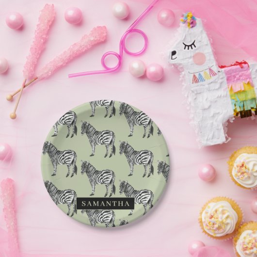 Jungle Zebra Wild Pattern & Personalized Name Pappteller (Party)