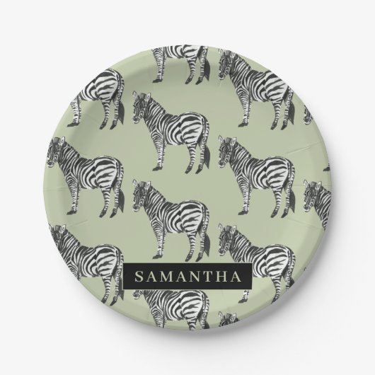 Jungle Zebra Wild Pattern & Personalized Name Pappteller (Vorderseite)
