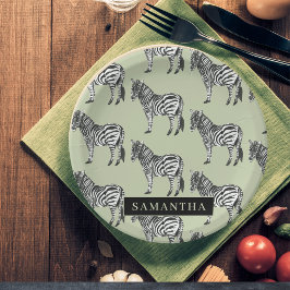 Jungle Zebra Wild Pattern & Personalized Name Pappteller