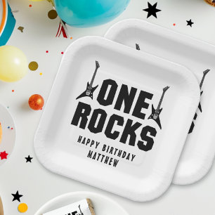 Jungs 1. Geburtstag Schwarz-Weiß-One-Rocks-Party Pappteller
