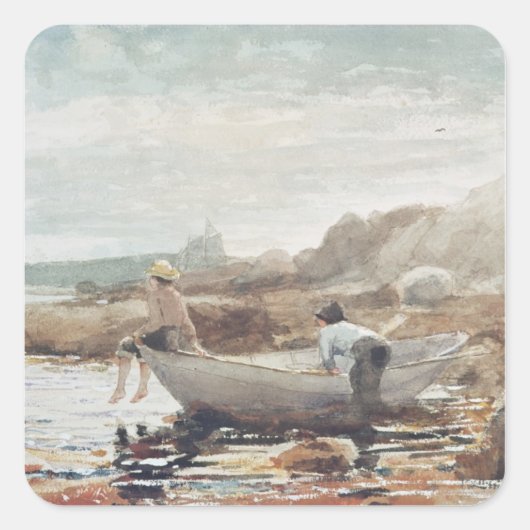 Jungs am Strand Quadratischer Aufkleber (Vorderseite)