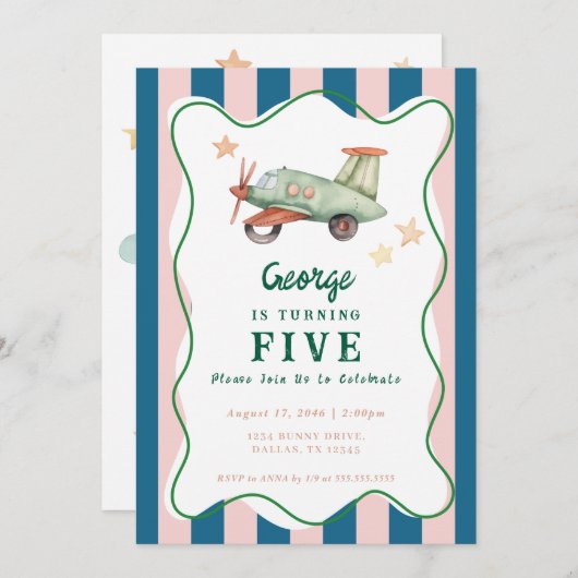 Jungs Coole moderne farbenfrohe Flugzeuge Geburtst Einladung (Vorne/Hinten)