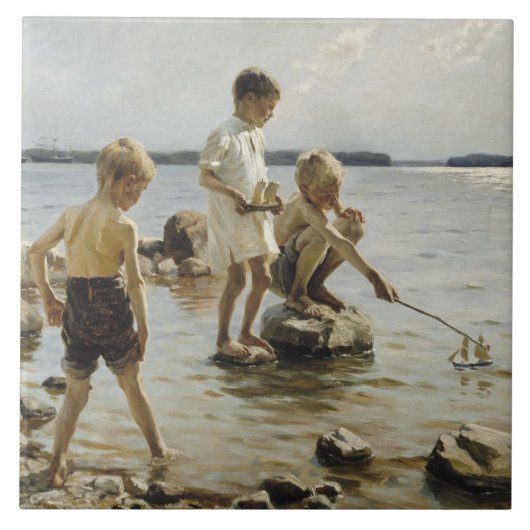 Jungs, die an der Küste spielen (von Albert Edelfe Fliese (Vorderseite)