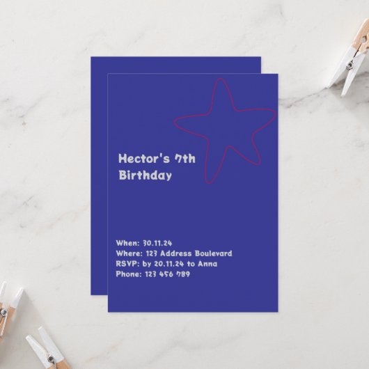 Jungs Einladung Star Blue Red (Vorderseite/Rückseite Beispiel)