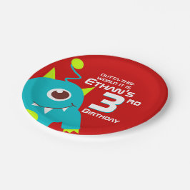 Jungs farbenfrohe Alien 3. Geburtstag personalisie Pappteller