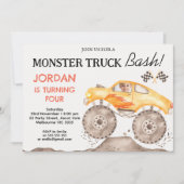 Jungs Gelbes Monster Truck Monster Bash Geburtstag Einladung (Vorderseite)