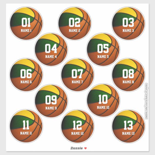 Jungs grün goldfarbenes Basketball-Set mit 13 Aufkleber (Blatt)