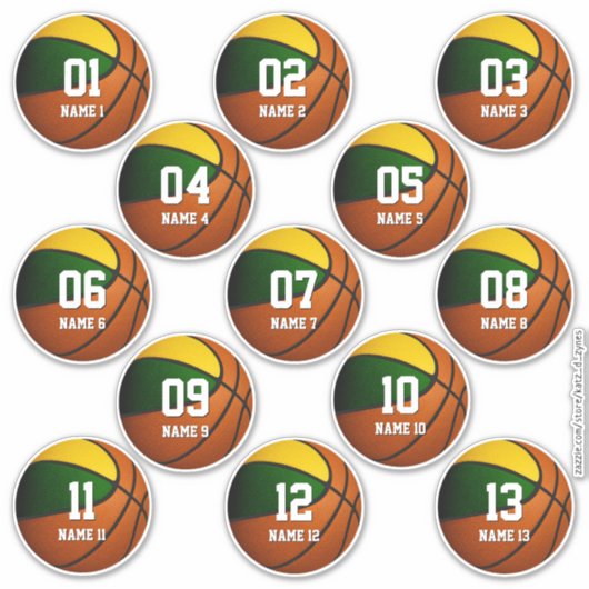Jungs grün goldfarbenes Basketball-Set mit 13 Aufkleber (Vorderseite)