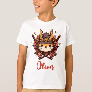 Jungs Niedlich Kawaii Samurai Cat Personalisiert T-Shirt
