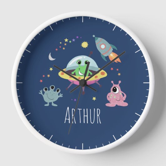 Jungs Niedlich Space Alien Cartoon Kinderzimmer &  Uhr (Vorderseite)