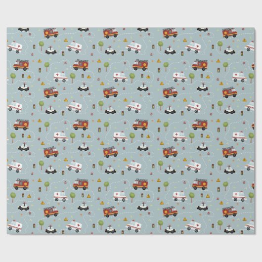 Jungs Niedlicher Feuerzug & Polizeiwagen Kindergeb Geschenkpapier (Flach)