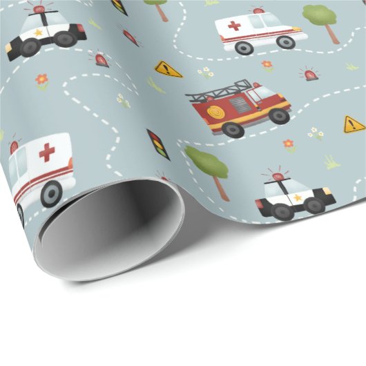 Jungs Niedlicher Feuerzug & Polizeiwagen Kindergeb Geschenkpapier (Rolleneckpunkt)