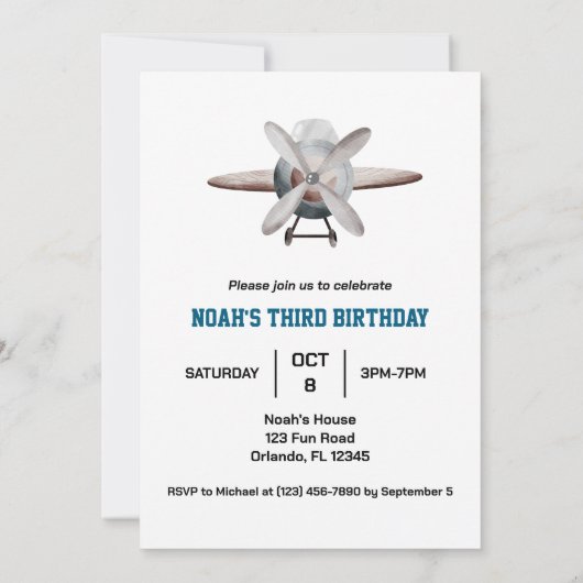 Jungs Niedliches Flugzeug Reisen Kindergeburtstag Einladung (Rückseite)