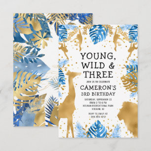 Jungs-Safari 3. Geburtstag Blau Gold Einladung