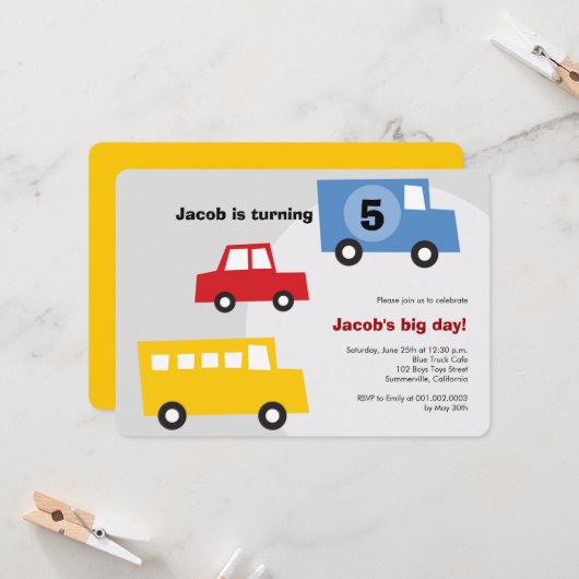 Jungs Spielzeug Spaß Transport Kinder 5th Birthday Einladung (Vorderseite/Rückseite Beispiel)