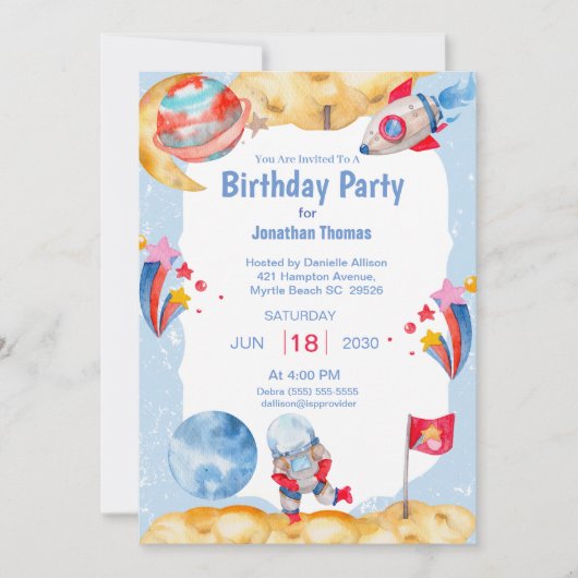 Jungs Weltraum Astronautin Blaue rote Einladung (Vorderseite)
