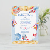 Jungs Weltraum Astronautin Blaue rote Einladung (Stehend Vorderseite)