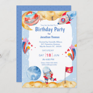 Jungs Weltraum Astronautin Blaue rote Einladung