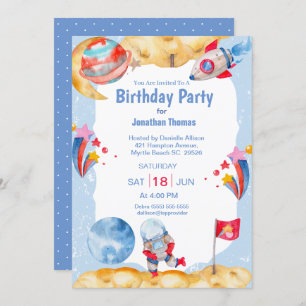 Jungs Weltraum Astronautin Blaue rote Einladung