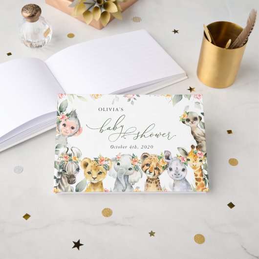 Jungtiere, Safari, Blume, Babydusche Gästebuch (Vorderseite Offen)