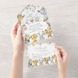 Jungtiere, Safari, Blume, erster Geburtstag All In One Einladung