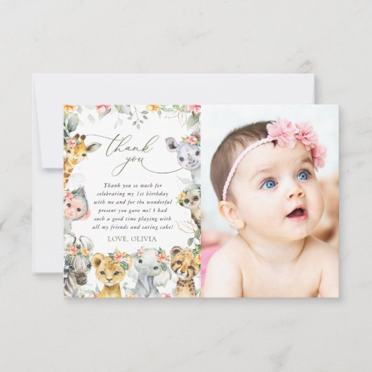 Jungtiere, Safari, Blume, erster Geburtstag Dankeskarte (Vorderseite)