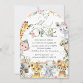 Jungtiere, Safari, Blume, erster Geburtstag Einladung (Vorderseite)