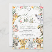 Jungtiere, Safari, Blume, erster Geburtstag Einladung (Vorderseite)