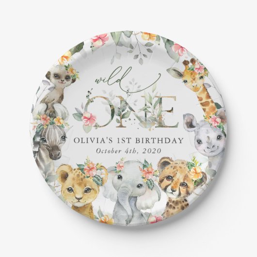 Jungtiere, Safari, Blume, erster Geburtstag Pappteller (Vorderseite)