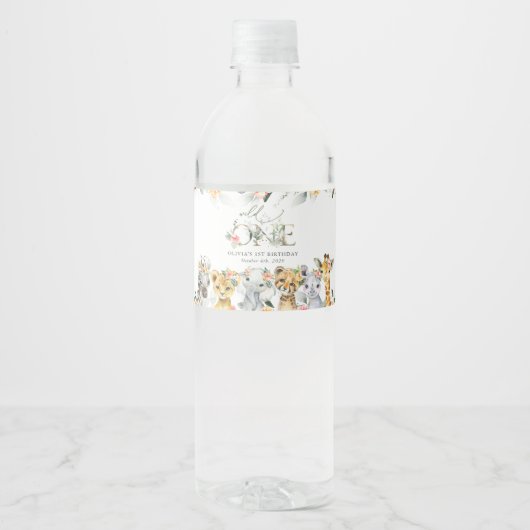 Jungtiere, Safari, Blume, erster Geburtstag Wasserflaschenetikett (Vorderseite)