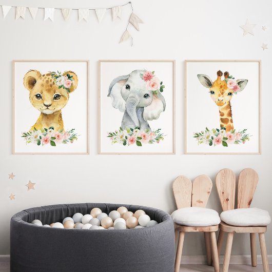 Jungtiere, Safari, rosa Blume, Kinderzimmer Bilderwand Sets