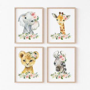 Jungtiere, Safari, rosa Blume, Kinderzimmer Bilderwand Sets