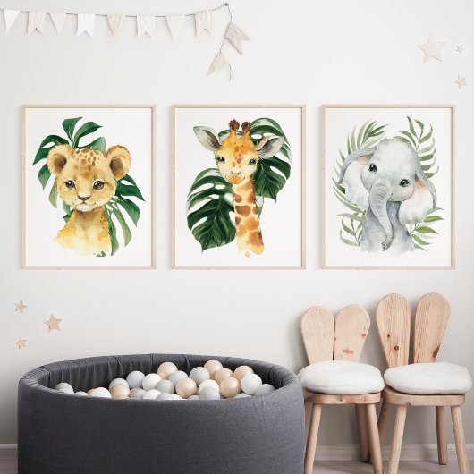 Jungtiere, Safari-Tiere, Palmen-Blätter Bilderwand Sets
