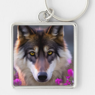 Jungwolf in rosa Blume Schlüsselanhänger