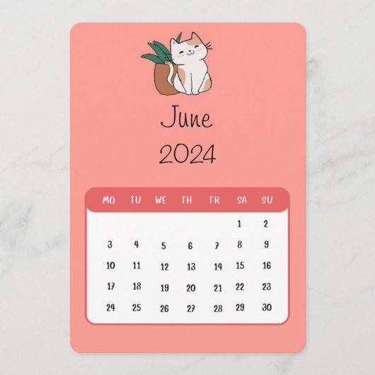 Juni 2024 Stand Alone Cat and Pflanze Kalender Menükarte (Vorderseite)